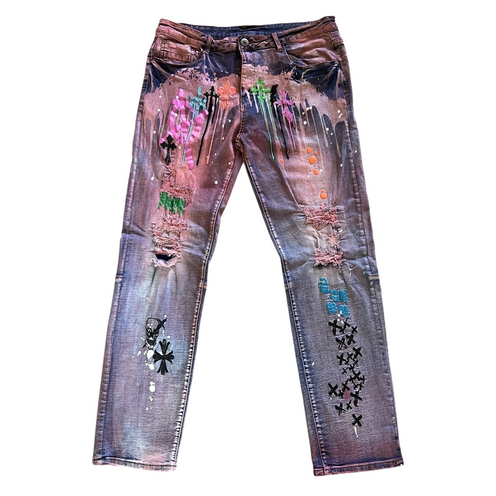 Biepa‎ Y2K Punk Goth Graffiti Distressed Pink Denim Jeans Men's 40x31